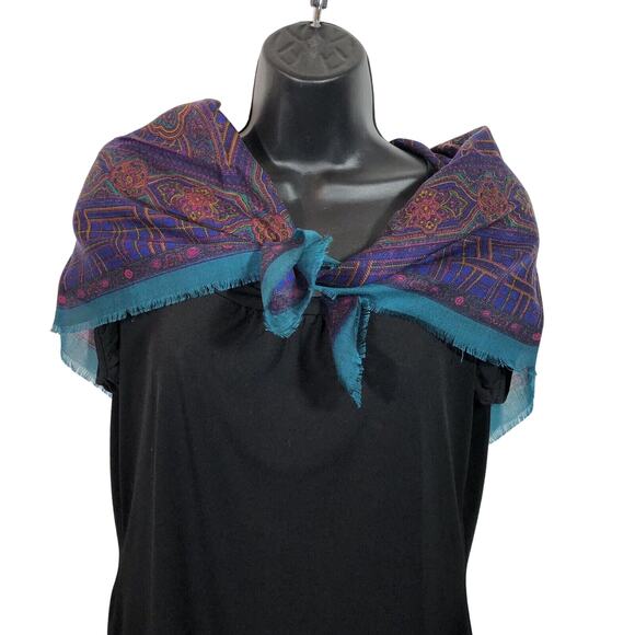 Vintage 30" Square Scarf Purple Plaid Green Paisley, Challis By Berkshire Japan - Picture 6 of 8